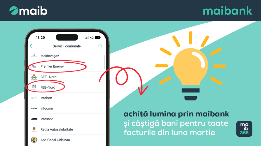 Achită lumina prin maibank și câștigă bani pentru facturile din martie