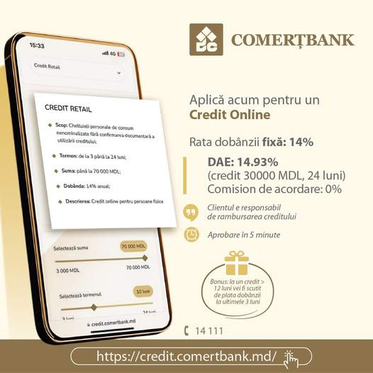 Credit online rapid de până la 70.000 lei cu dobândă fixă de la Comerțbank