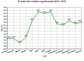 În ianuarie (2013) datoria la credite a constituit 34,99 mlrd lei, rata creditelor neperformante – 14,6%
